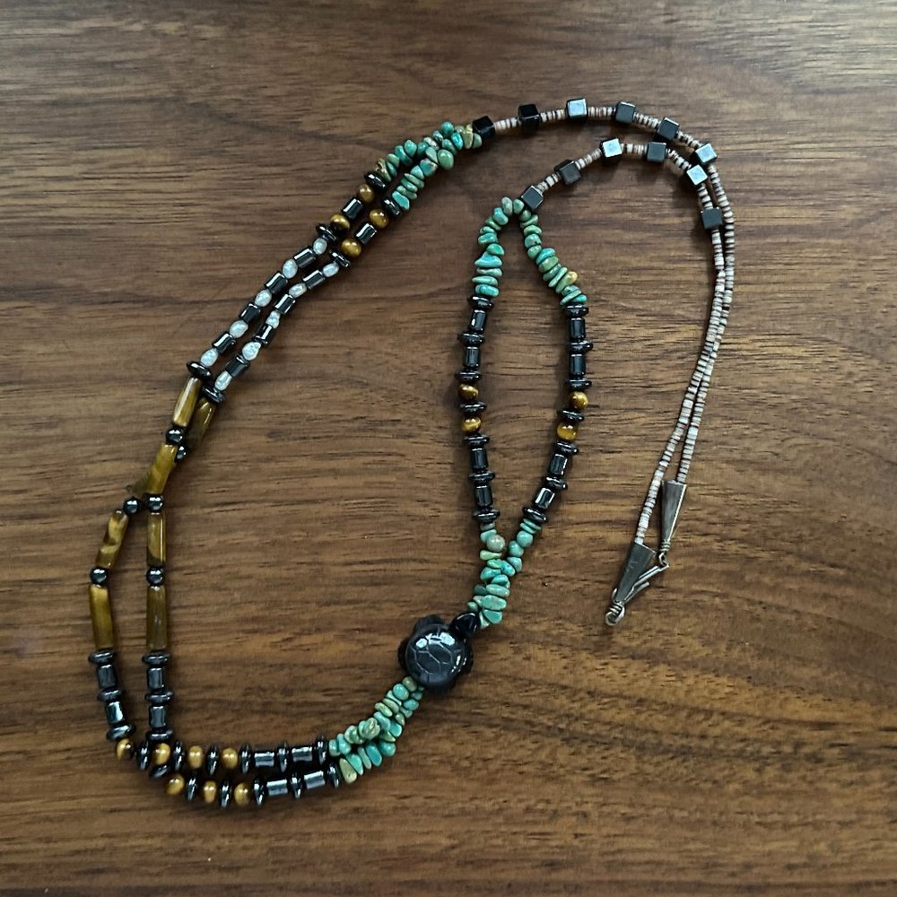 Turquoise and Tiger Eye Turtle Beaded Necklace